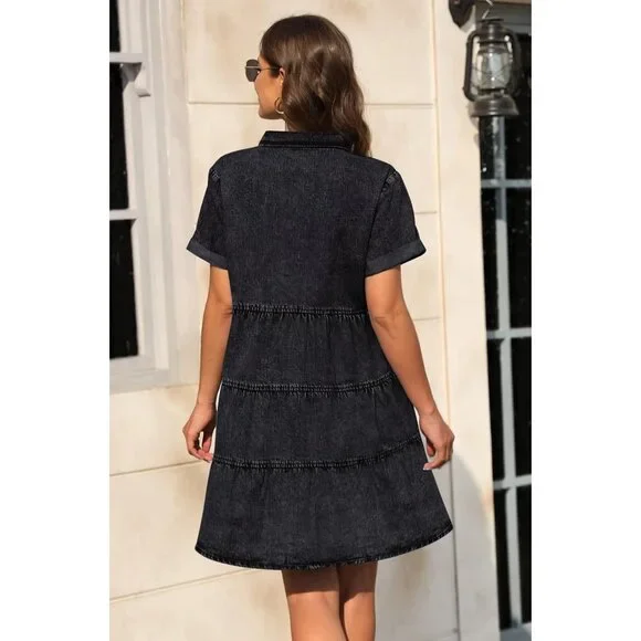 Women’s Denim Dress Cotton Blend Short Sleeve Pockets Babydoll Casual - Picture 3 of 6